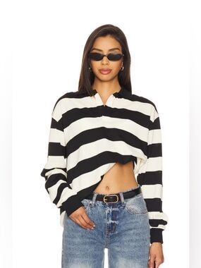 Lioness Black & White Cropped Striped Rugby Top